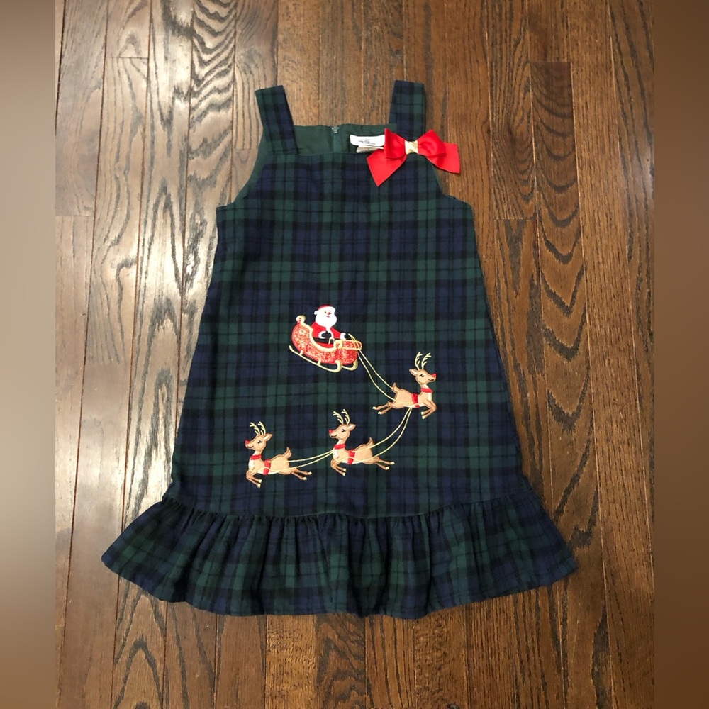 Rare Editions Girls 6 Blue/Green Plaid Jumper Dress w/Santa & Reindeer Appliqué